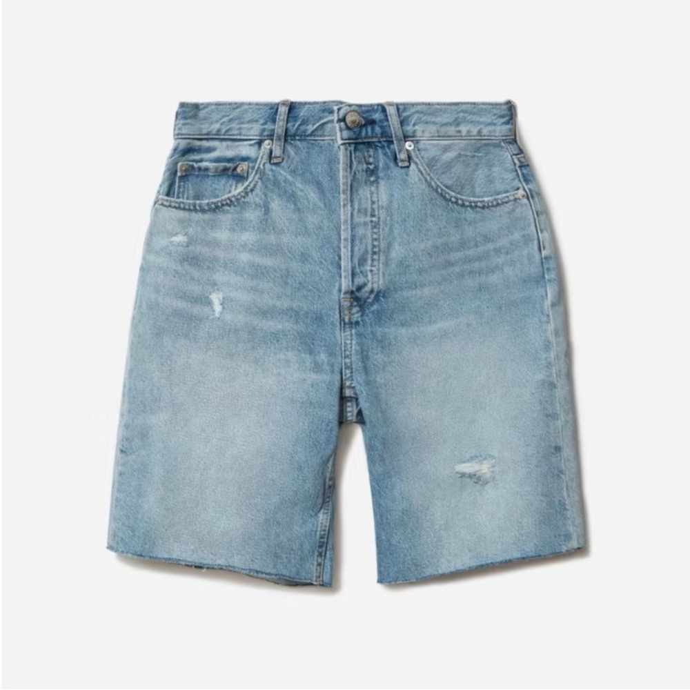 Everlane Cheeky Long High Rise Distressed Denim Shorts, 25